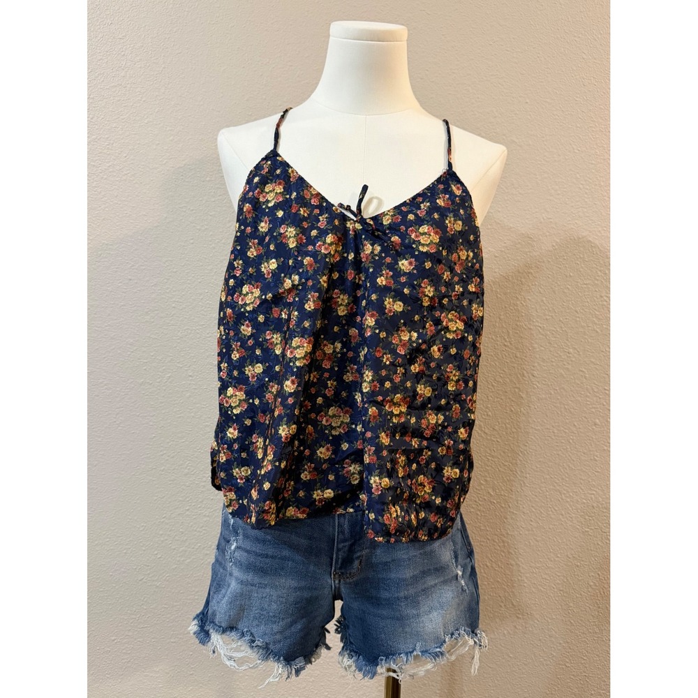 Val Mode Vintage Floral Camisole Tank Top Navy Blue L Y2K Coquette Lingerie Cami